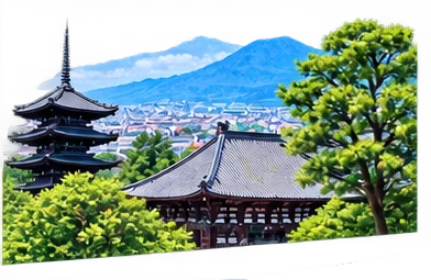 五重塔と山なみが見える奈良の風景(イラスト)