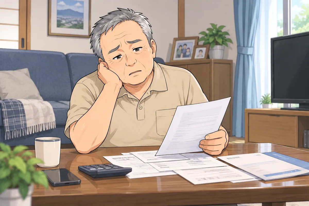 年金が出るまでの暮らしが心細く、自宅でため息をつく62歳の田中さん
