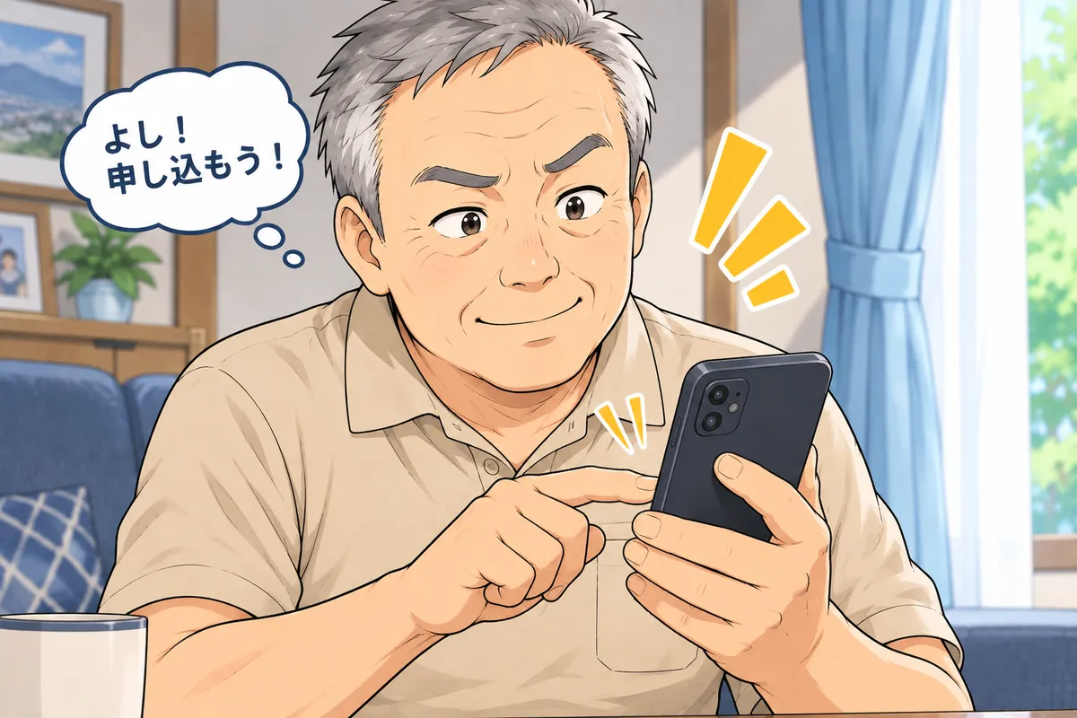 「よし、申し込もう」と決意した表情でスマホをタップする田中さん