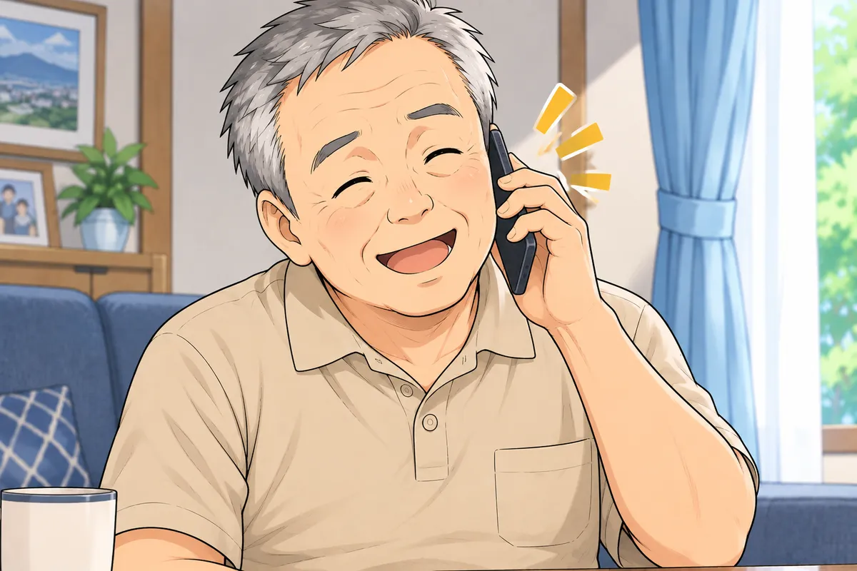 電話で話しながら、ほっとした笑顔になる田中さん