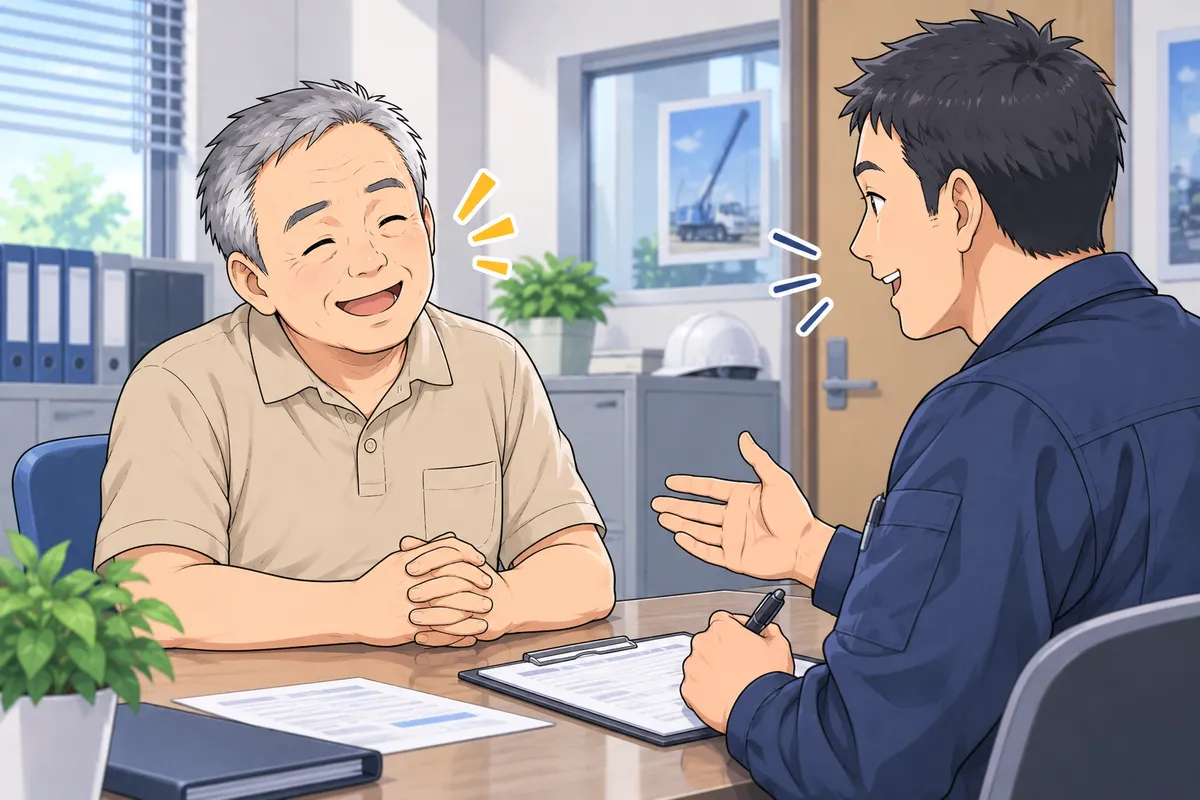 事務所で担当者と向かい合い、和やかに面接を受ける田中さん