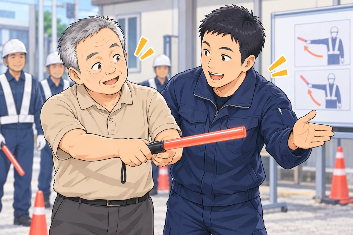研修で、誘導棒の持ち方を教わる田中さん