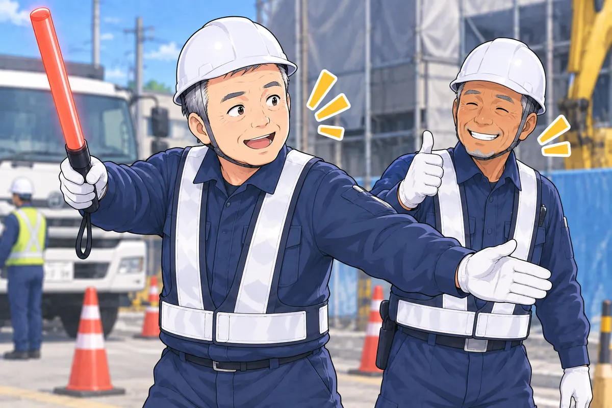 工事現場で笑顔で誘導棒を振る制服姿の田中さんと先輩