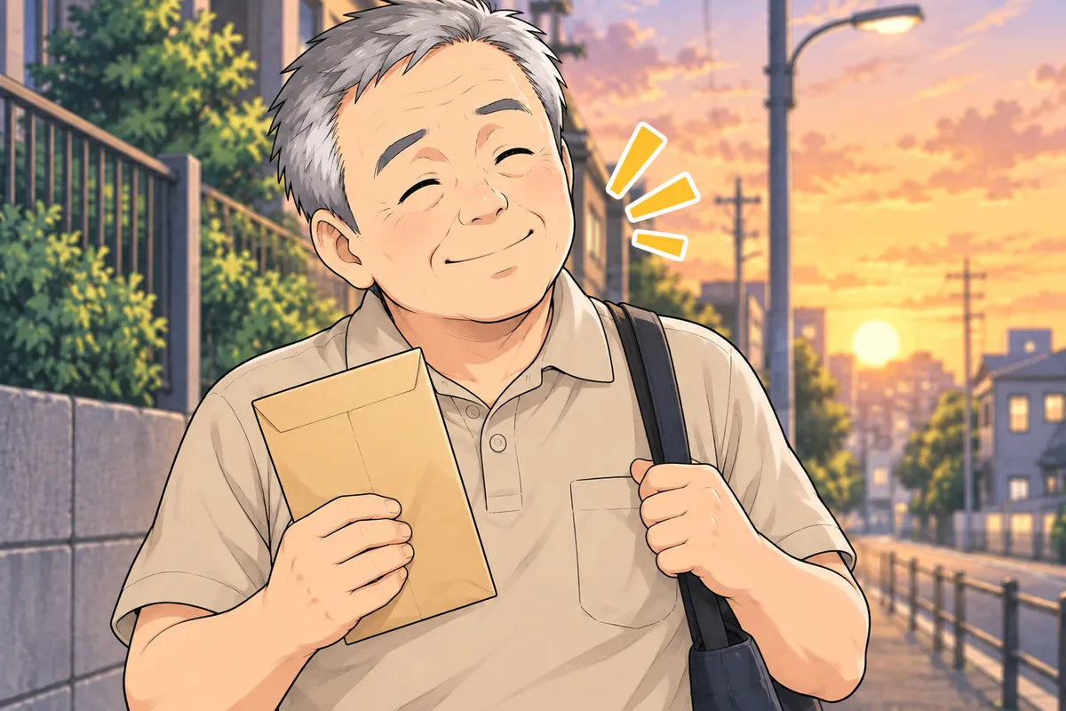 夕暮れの帰り道、はじめての給料を受け取って満足そうに微笑む田中さん